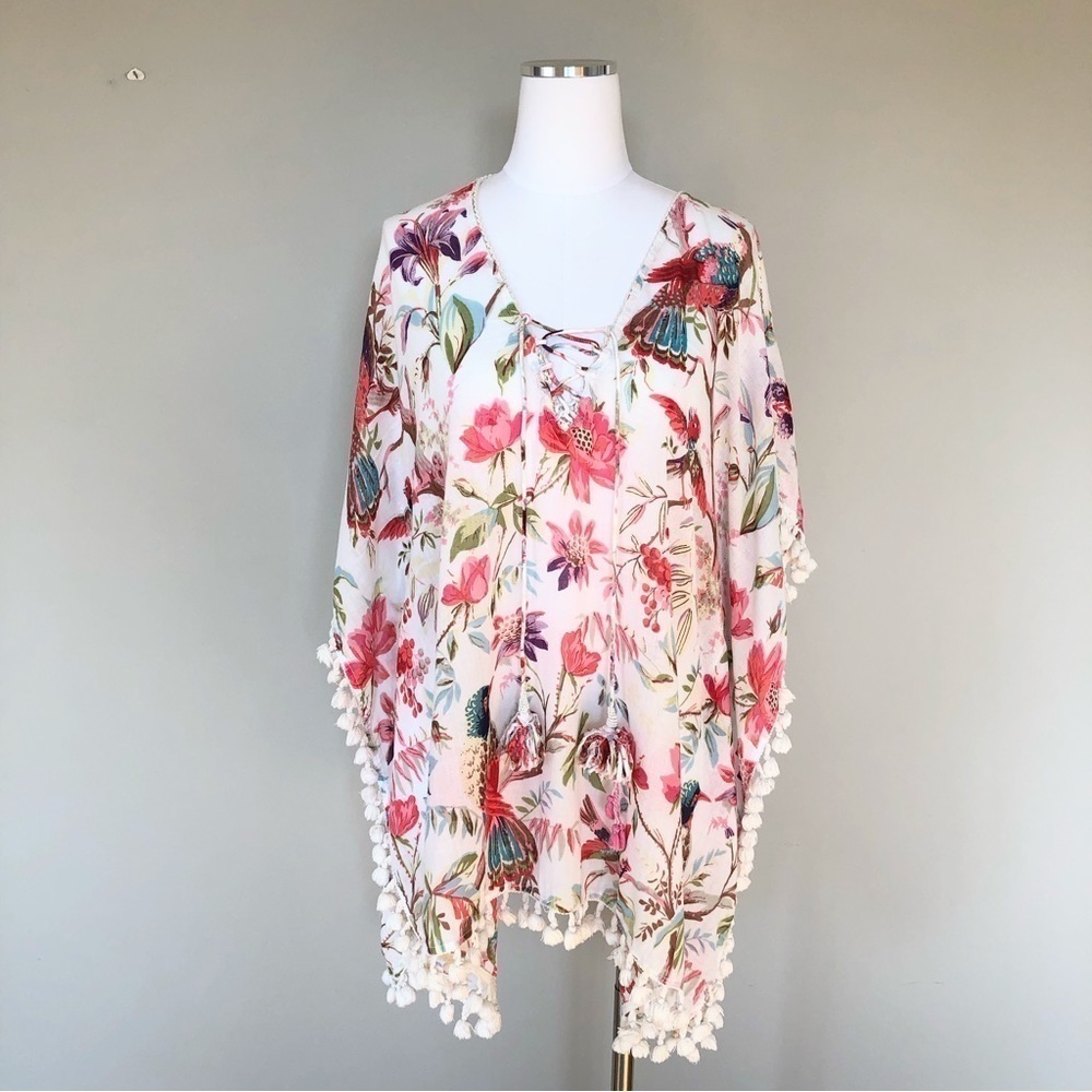 Z&l floral bird print gauzy cotton tassels Pom Pom swimsuit cover up beach cover